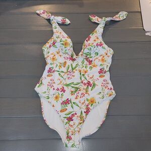 Aqua Swim Floral Halter Plunge shoulder tie One Piece Swimsuit  Size small